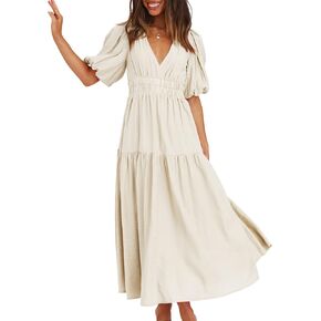 2025 Summer Deep V Neck Casual Dresses for Women Elegant Flowy Midi Dress Wedding Guest Dress in Saudi Arabia
