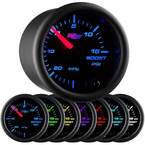 GlowShift Black 7 Color 15 Psi Turbo Boost/Vacuum Gauge Kit - يشمل خرطوم ميكانيكي و T- الاتصال - عدسة صافية - للسيارات - 2-1/16 "52 ملم in Kuwait