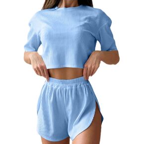 Remidoo Women's Striped Tee Shirts and Shorts Pajamas Set Side Slit Crewneck Loungewear in Kuwait
