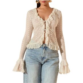 Gorglitter نساء ربطة عنق الجرس الأمامي جرس الدانتيل قمم الكشكش شبكة القمصان القديمة in Kuwait