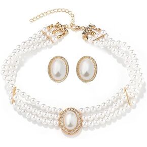 Choker Statement Imitation Pearl Necklace and Earrings set for Women Rhinestone Necklace Jewelry set for Weddding Bride Prom Party Gift in Saudi Arabia