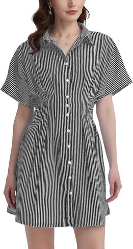 Women's Button Down Pleated Shirt Dress Short Sleeve Corset Waist Striped Summer Causal Mini Dresses in Kuwait