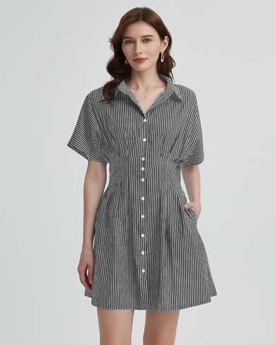 Women's Button Down Pleated Shirt Dress Short Sleeve Corset Waist Striped Summer Causal Mini Dresses in Kuwait