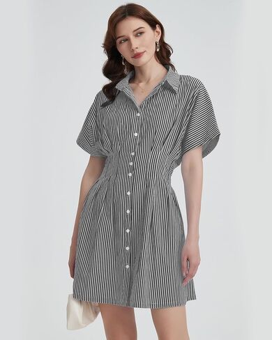 Women's Button Down Pleated Shirt Dress Short Sleeve Corset Waist Striped Summer Causal Mini Dresses in Kuwait