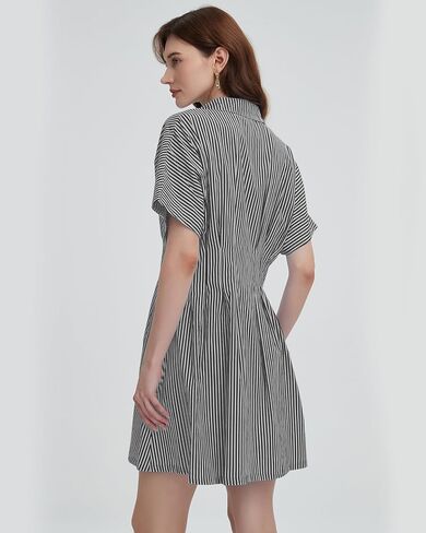 Women's Button Down Pleated Shirt Dress Short Sleeve Corset Waist Striped Summer Causal Mini Dresses in Kuwait