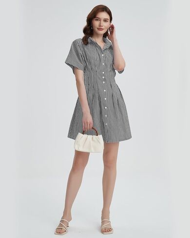 Women's Button Down Pleated Shirt Dress Short Sleeve Corset Waist Striped Summer Causal Mini Dresses in Kuwait