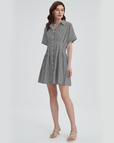 Women's Button Down Pleated Shirt Dress Short Sleeve Corset Waist Striped Summer Causal Mini Dresses in Kuwait