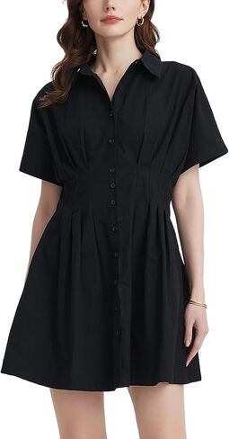 Women's Button Down Pleated Shirt Dress Short Sleeve Corset Waist Striped Summer Causal Mini Dresses in Saudi Arabia