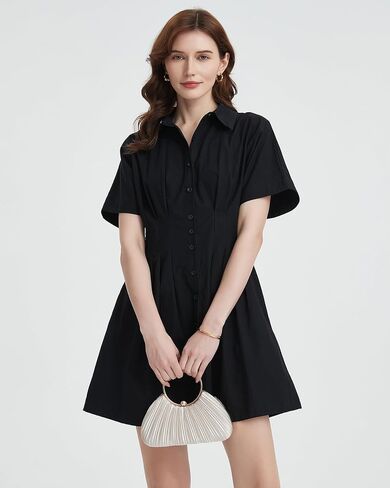 Women's Button Down Pleated Shirt Dress Short Sleeve Corset Waist Striped Summer Causal Mini Dresses in Saudi Arabia