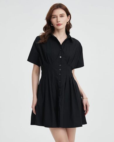 Women's Button Down Pleated Shirt Dress Short Sleeve Corset Waist Striped Summer Causal Mini Dresses in Saudi Arabia