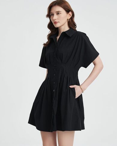 Women's Button Down Pleated Shirt Dress Short Sleeve Corset Waist Striped Summer Causal Mini Dresses in Saudi Arabia