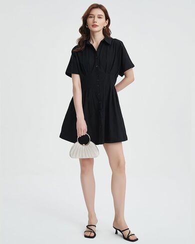 Women's Button Down Pleated Shirt Dress Short Sleeve Corset Waist Striped Summer Causal Mini Dresses in Saudi Arabia