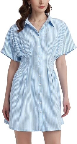 Women's Button Down Pleated Shirt Dress Short Sleeve Corset Waist Striped Summer Causal Mini Dresses in Kuwait