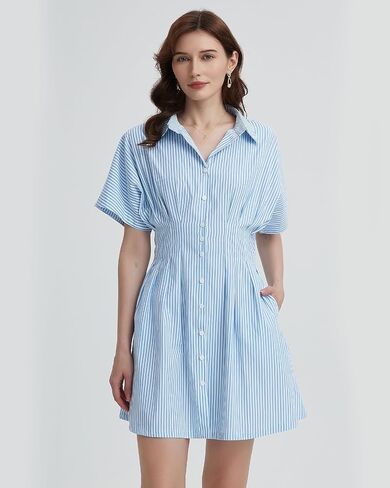 Women's Button Down Pleated Shirt Dress Short Sleeve Corset Waist Striped Summer Causal Mini Dresses in Kuwait