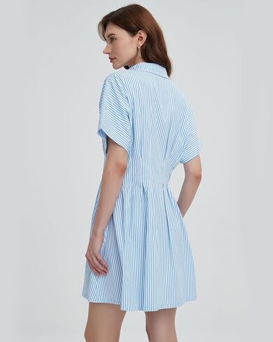Women's Button Down Pleated Shirt Dress Short Sleeve Corset Waist Striped Summer Causal Mini Dresses in Kuwait