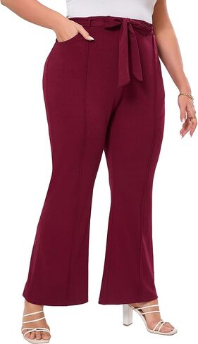 Womens Plus Size Business Casual Pants Dressy Flare Leg Slim Work Pants Side Pockets Tie Front Fashion Outfits in Saudi Arabia