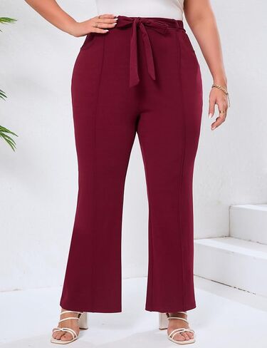 Womens Plus Size Business Casual Pants Dressy Flare Leg Slim Work Pants Side Pockets Tie Front Fashion Outfits in Saudi Arabia