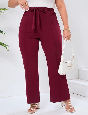 Womens Plus Size Business Casual Pants Dressy Flare Leg Slim Work Pants Side Pockets Tie Front Fashion Outfits in Saudi Arabia