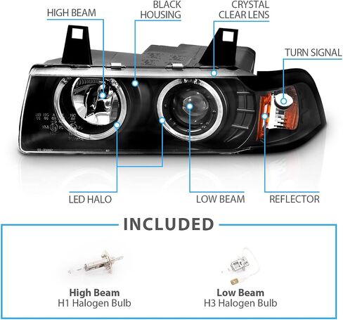 AmeriLite for 1992-1998 BMW 3 Series E36 Sedan 1pc LED Halo Black Projector Replacement Bulb Socket Headlights Set - Passenger and Driver Side in Saudi Arabia