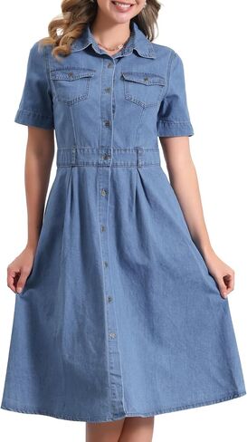 Allegra K Denim Dress for Women's Collared Short Sleeve A-Line Button Up Jean Midi Dresses in Kuwait