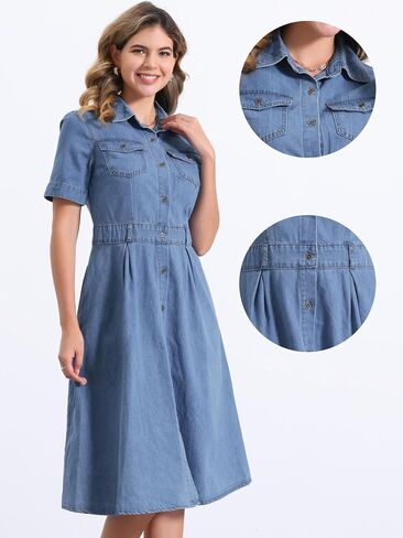 Allegra K Denim Dress for Women's Collared Short Sleeve A-Line Button Up Jean Midi Dresses in Kuwait