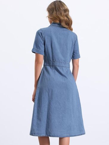 Allegra K Denim Dress for Women's Collared Short Sleeve A-Line Button Up Jean Midi Dresses in Kuwait