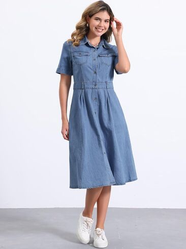 Allegra K Denim Dress for Women's Collared Short Sleeve A-Line Button Up Jean Midi Dresses in Kuwait
