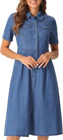 Allegra K Denim Dress for Women's Collared Short Sleeve A-Line Button Up Jean Midi Dresses in Kuwait