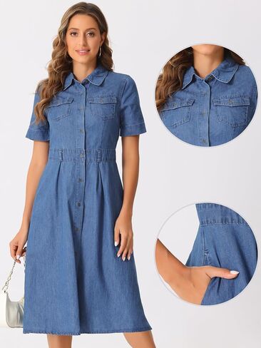 Allegra K Denim Dress for Women's Collared Short Sleeve A-Line Button Up Jean Midi Dresses in Kuwait