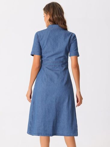Allegra K Denim Dress for Women's Collared Short Sleeve A-Line Button Up Jean Midi Dresses in Kuwait