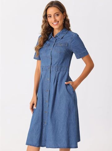 Allegra K Denim Dress for Women's Collared Short Sleeve A-Line Button Up Jean Midi Dresses in Kuwait