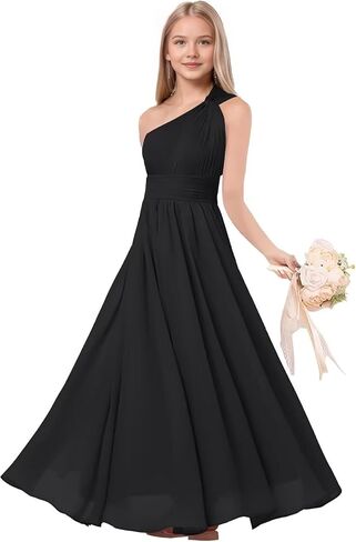 One Shoulder Junior Bridesmaid Dresses Chiffon Flower Girl Dress for Wedding Guest Formal Dress in Kuwait