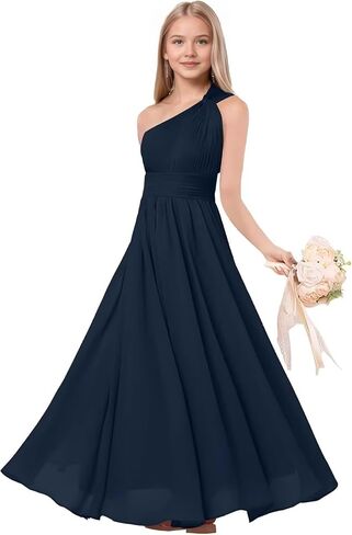 One Shoulder Junior Bridesmaid Dresses Chiffon Flower Girl Dress for Wedding Guest Formal Dress in Kuwait