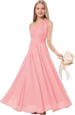 One Shoulder Junior Bridesmaid Dresses Chiffon Flower Girl Dress for Wedding Guest Formal Dress in Kuwait
