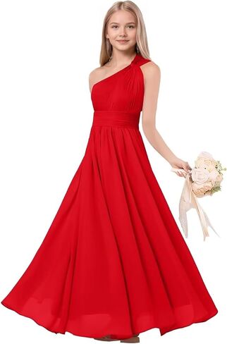 One Shoulder Junior Bridesmaid Dresses Chiffon Flower Girl Dress for Wedding Guest Formal Dress in Kuwait