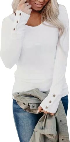 Women Waffle Knit Henley Shirts Long Sleeve Round Neck Casual Slim Fit Thermal Button Up Tunics Tops in Saudi Arabia