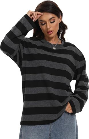 Long Sleeve Crewneck Striped T-Shirt, Grunge Clothes for Women, Teen Girls Emo Shirt Harajuku Clothes Gothic Top in Saudi Arabia