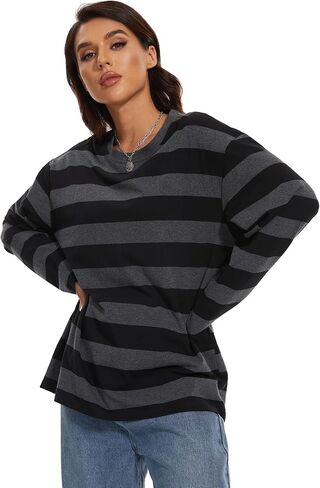 Long Sleeve Crewneck Striped T-Shirt, Grunge Clothes for Women, Teen Girls Emo Shirt Harajuku Clothes Gothic Top in Saudi Arabia