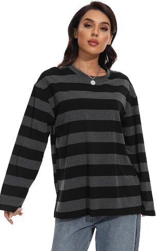 Long Sleeve Crewneck Striped T-Shirt, Grunge Clothes for Women, Teen Girls Emo Shirt Harajuku Clothes Gothic Top in Saudi Arabia