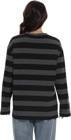 Long Sleeve Crewneck Striped T-Shirt, Grunge Clothes for Women, Teen Girls Emo Shirt Harajuku Clothes Gothic Top in Saudi Arabia