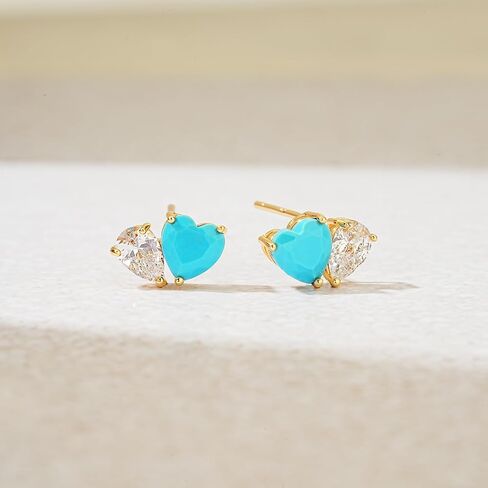 WEARON Turquoise Heart Earrings, Heart Stud Earrings for Women, Gold Turquoise Jewelry Hypoallergenic Love Studs 14K Gold Plated Diamond Boho Western Jewelry Gifts for Woman in Saudi Arabia