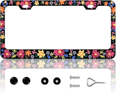 Colorful Botanical Flower License Plate Frame - Rustproof Aluminum, Universal Fit for Car Truck SUV, Easy Install & Compliant with Traffic Regulations,Gift for Women Car Owners in Saudi Arabia
