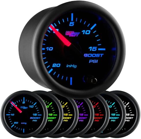 GlowShift Black 7 Color 15 Psi Turbo Boost/Vacuum Gauge Kit - يشمل خرطوم ميكانيكي و T- الاتصال - عدسة صافية - للسيارات - 2-1/16 "52 ملم in Saudi Arabia