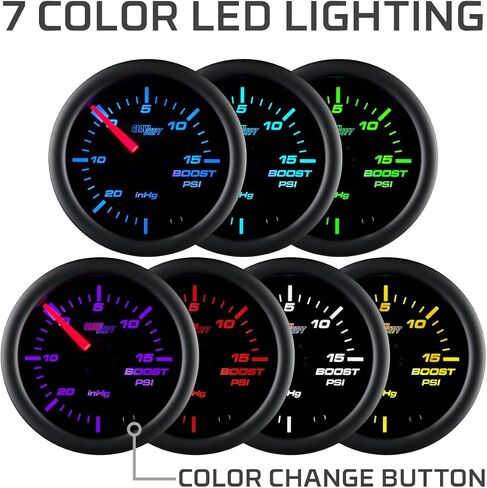 GlowShift Black 7 Color 15 Psi Turbo Boost/Vacuum Gauge Kit - يشمل خرطوم ميكانيكي و T- الاتصال - عدسة صافية - للسيارات - 2-1/16 "52 ملم in Saudi Arabia