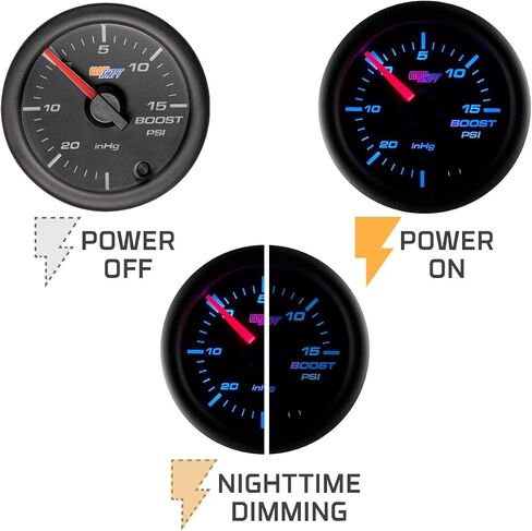 GlowShift Black 7 Color 15 Psi Turbo Boost/Vacuum Gauge Kit - يشمل خرطوم ميكانيكي و T- الاتصال - عدسة صافية - للسيارات - 2-1/16 "52 ملم in Saudi Arabia