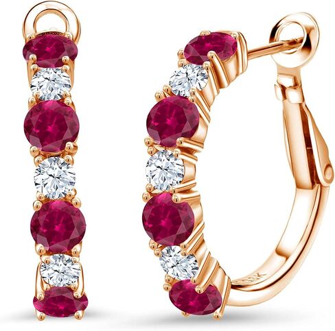 GEM Stone King 18K Rose Gold Silver Red Action Ruby Hoop أقراط للنساء (2.66 CTTW ، Gemstone July Birthstone ، Round 4mm و 3mm) in Saudi Arabia