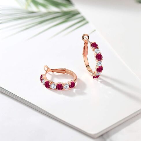GEM Stone King 18K Rose Gold Silver Red Action Ruby Hoop أقراط للنساء (2.66 CTTW ، Gemstone July Birthstone ، Round 4mm و 3mm) in Saudi Arabia