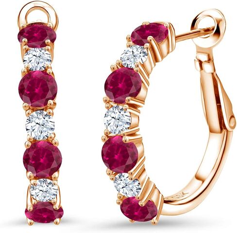 GEM Stone King 18K Rose Gold Silver Red Action Ruby Hoop أقراط للنساء (2.66 CTTW ، Gemstone July Birthstone ، Round 4mm و 3mm) in Saudi Arabia