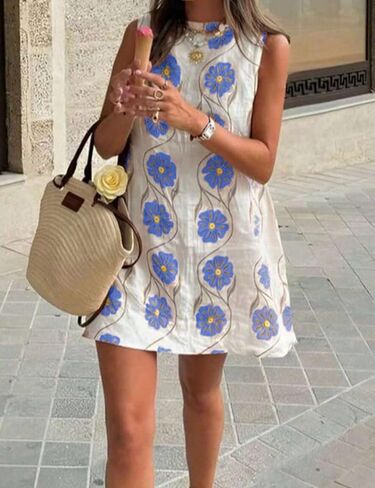 نساء الصيف الأزهار طباعة مصغرة فستان رومانسي بلا أكمام تحول in Kuwait
