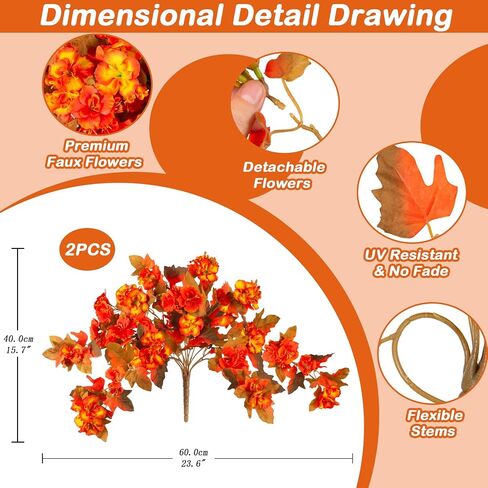 زهور السقوط Homsunny للهواء الطلق ، 2 أجهزة كمبيوتر مزورة Fall Flowers UV مقاومة الخريف الزهور الاصطناعية للشرفة فناء النافذة مربع زارع المنزل ديكور (غروب الشمس الأحمر والبرتقالي) in Kuwait